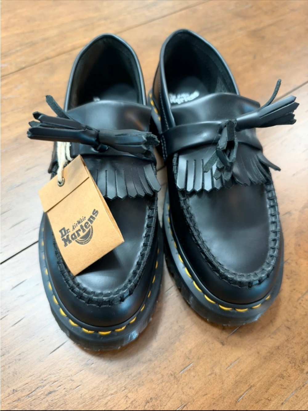 Dr. Martens Adrian Black Tassel Kiltie Loafers Yellow Stitch NWT - Women Size 7